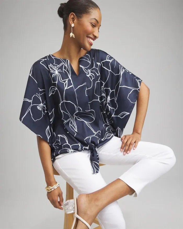 Chico039s Tops Floral TieFront Shirt Classic Navy 8211 Clothing