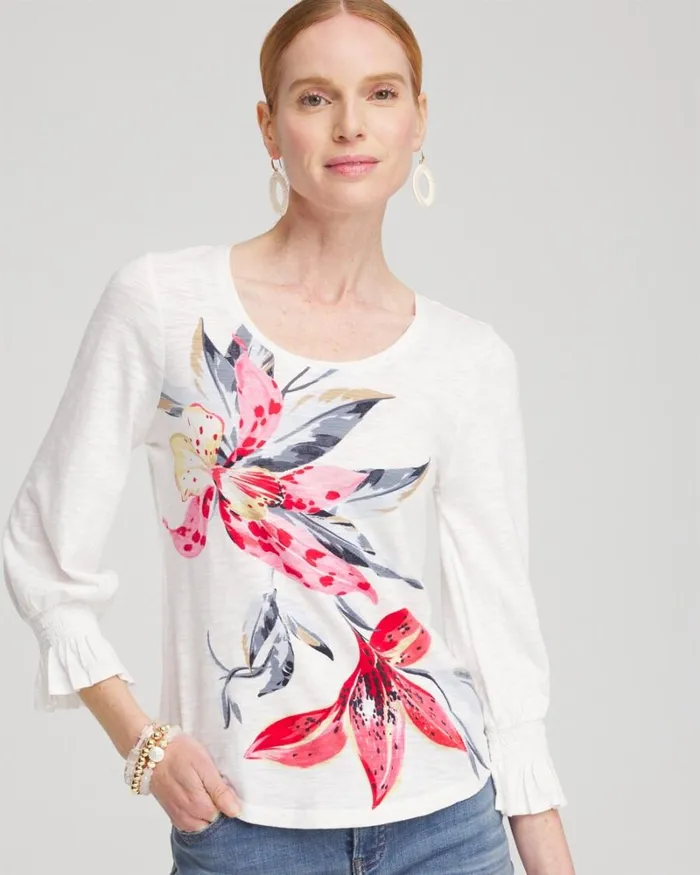 Chico039s Tops Lilies Smocked 34 Sleeve Tee Delightful Pink 8211 Clothing