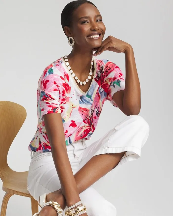 Chico039s Tops Lily Sweater Trim Linen Tee Watermelon Punch 8211 Clothing