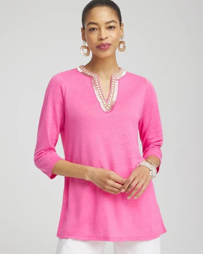 Chico039s Tops Linen Embellished Tunic Delightful Pink 8211 Clothing