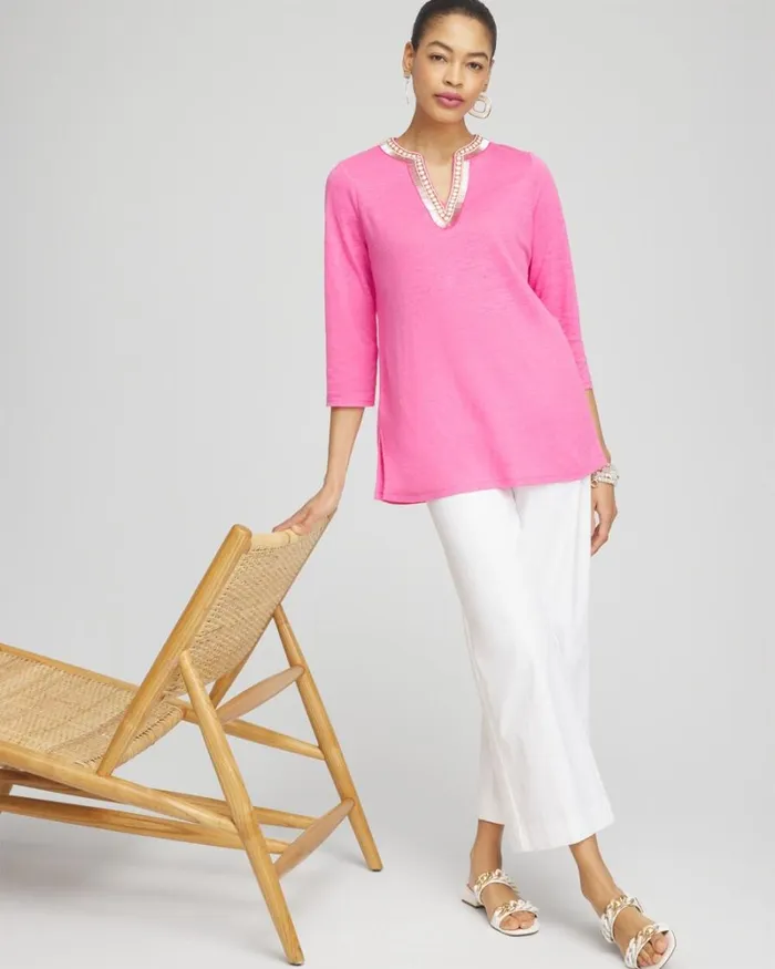Chico039s Tops Linen Embellished Tunic Delightful Pink 8211 Clothing
