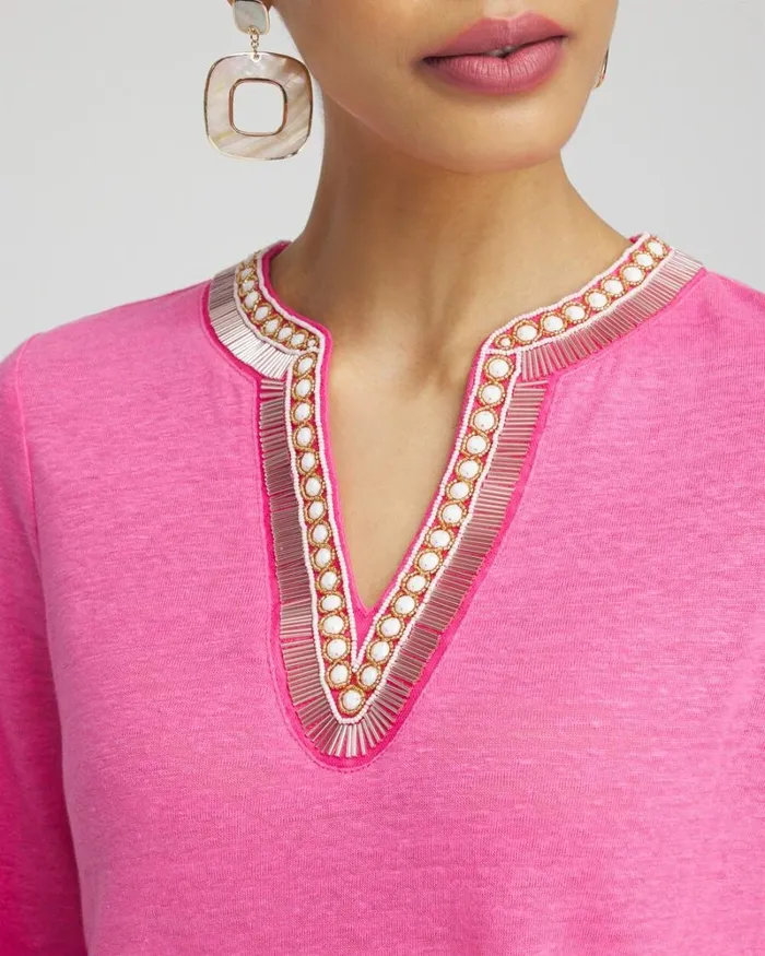 Chico039s Tops Linen Embellished Tunic Delightful Pink 8211 Clothing