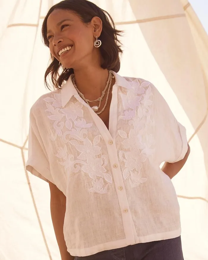 Chico039s Tops Linen Embroidered Applique Shirt Alabaster 8211 Clothing