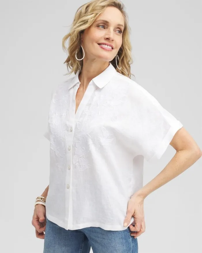 Chico039s Tops Linen Embroidered Applique Shirt Alabaster 8211 Clothing