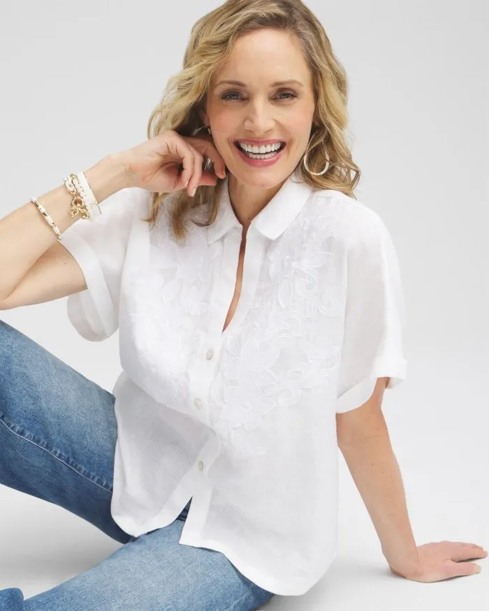 Chico039s Tops Linen Embroidered Applique Shirt Alabaster 8211 Clothing