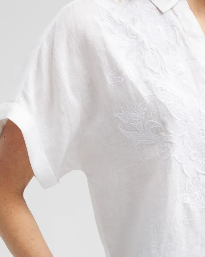 Chico039s Tops Linen Embroidered Applique Shirt Alabaster 8211 Clothing