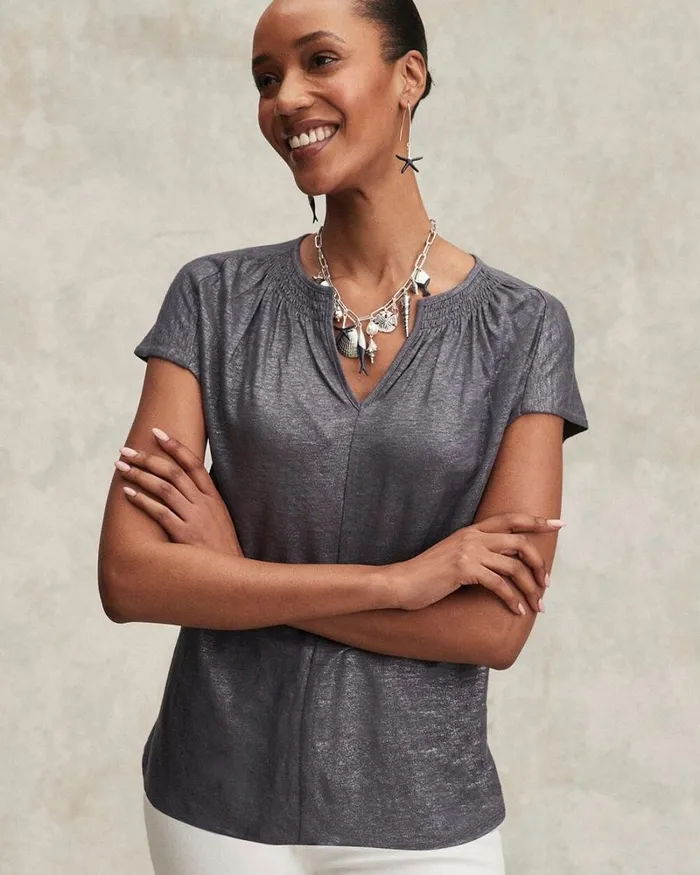 Chico039s Tops Linen Metallic Tee Soft Slate 8211 Clothing