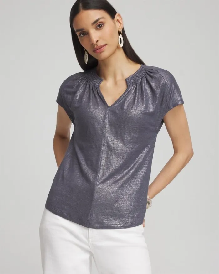 Chico039s Tops Linen Metallic Tee Soft Slate 8211 Clothing