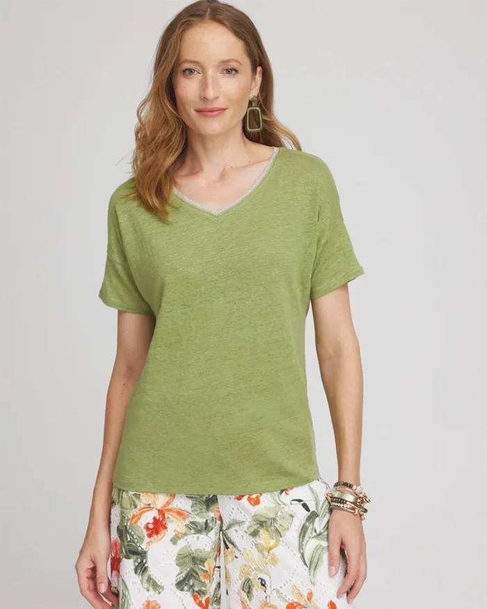 Chico039s Tops Linen Sweater Trim Tee Spanish Moss 8211 Clothing