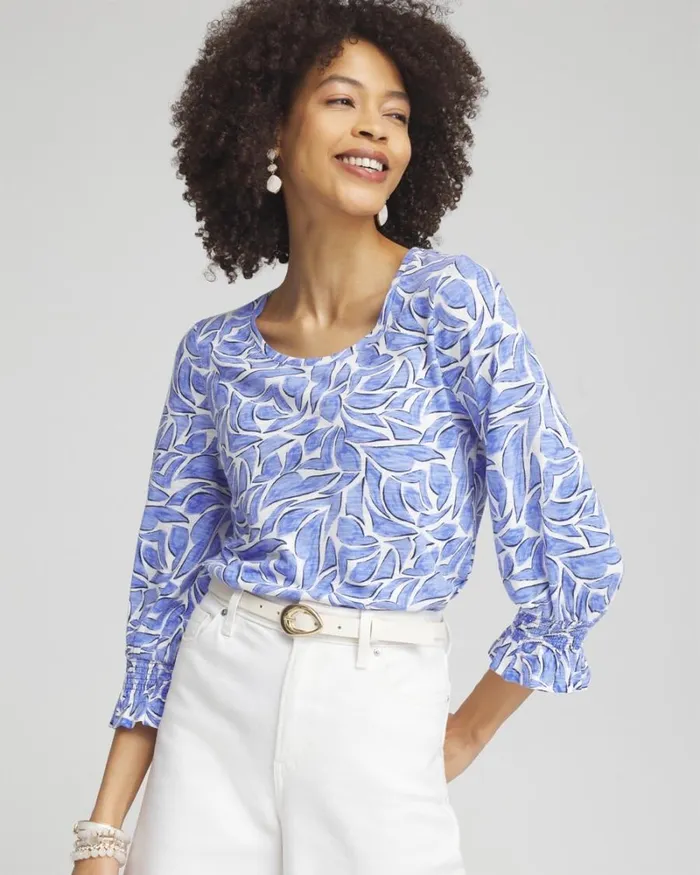 Chico039s Tops Modern Smocked 34 Sleeve Tee Purple Nightshade 8211 Clothing