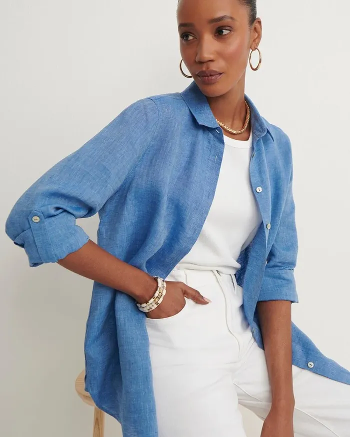 Chico039s Tops No Iron Linen Tunic Indigo 8211 Clothing