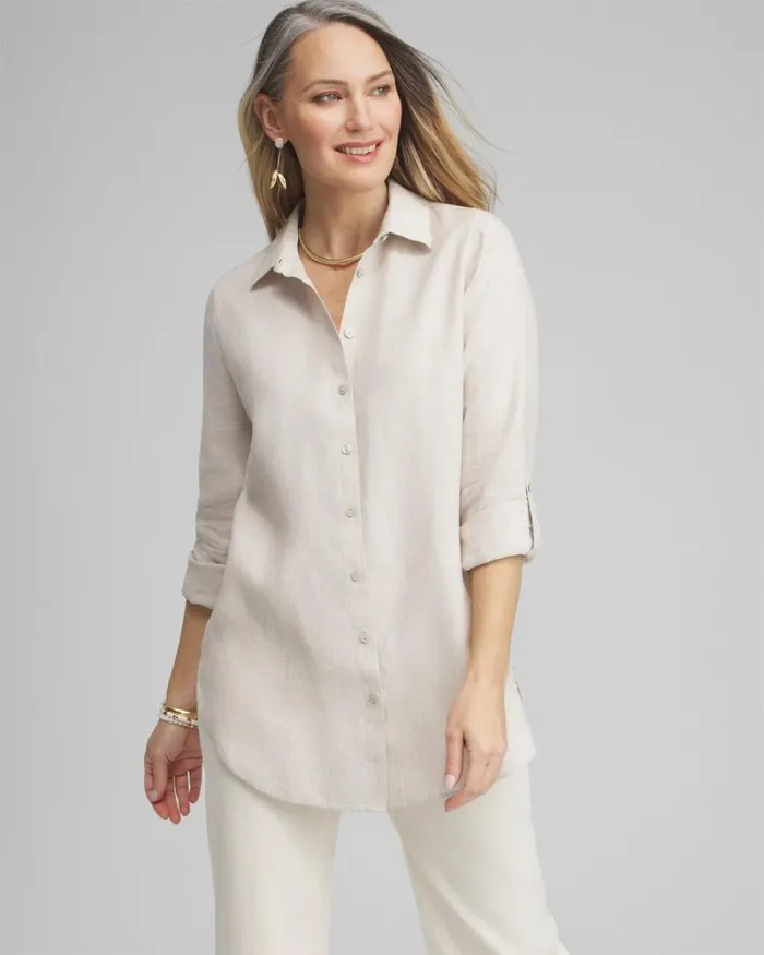 Chico039s Tops No Iron Linen Tunic Indigo 8211 Clothing