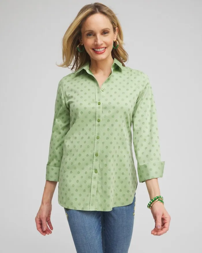 Chico039s Tops No Iron Stretch Dot Print 34 Sleeve Shirt Verdant Green 8211 Clothing