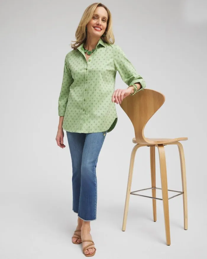 Chico039s Tops No Iron Stretch Dot Print 34 Sleeve Shirt Verdant Green 8211 Clothing Chico039s Tops No Iron Stretch Dot Print 34 Sleeve Shirt Verdant Green 8211 Clothing
