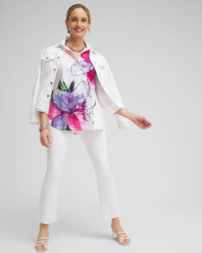 Chico039s Tops No Iron Stretch Floral 34 Sleeve Shirt Optic White 8211 Clothing