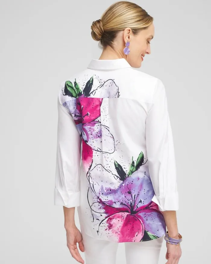Chico039s Tops No Iron Stretch Floral 34 Sleeve Shirt Optic White 8211 Clothing