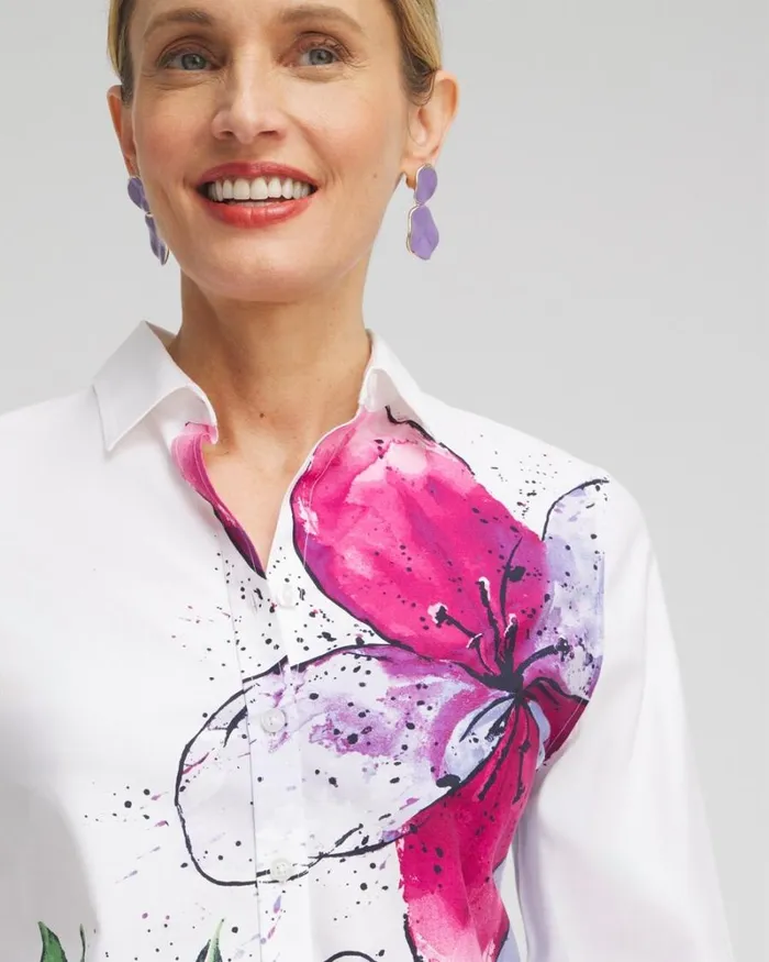 Chico039s Tops No Iron Stretch Floral 34 Sleeve Shirt Optic White 8211 Clothing