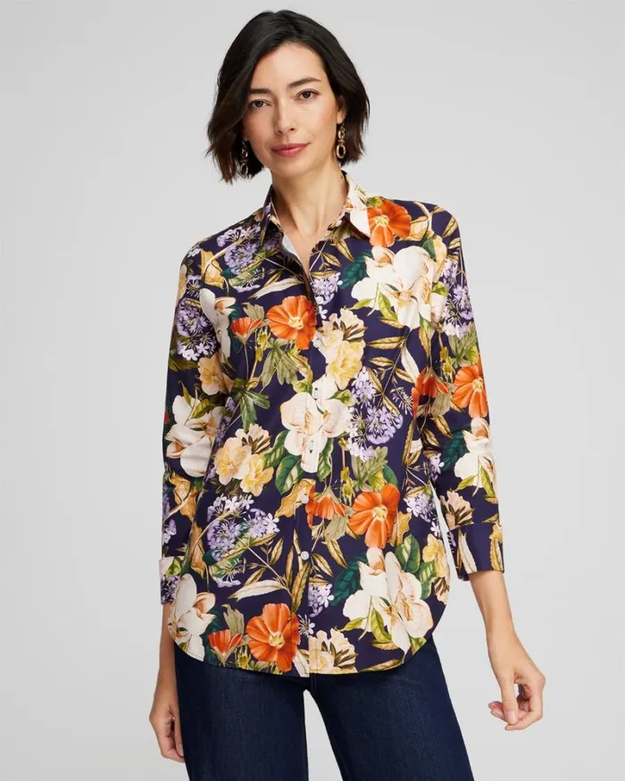 Chico039s Tops No Iron Stretch Floral Print Shirt Dewberry 8211 Clothing