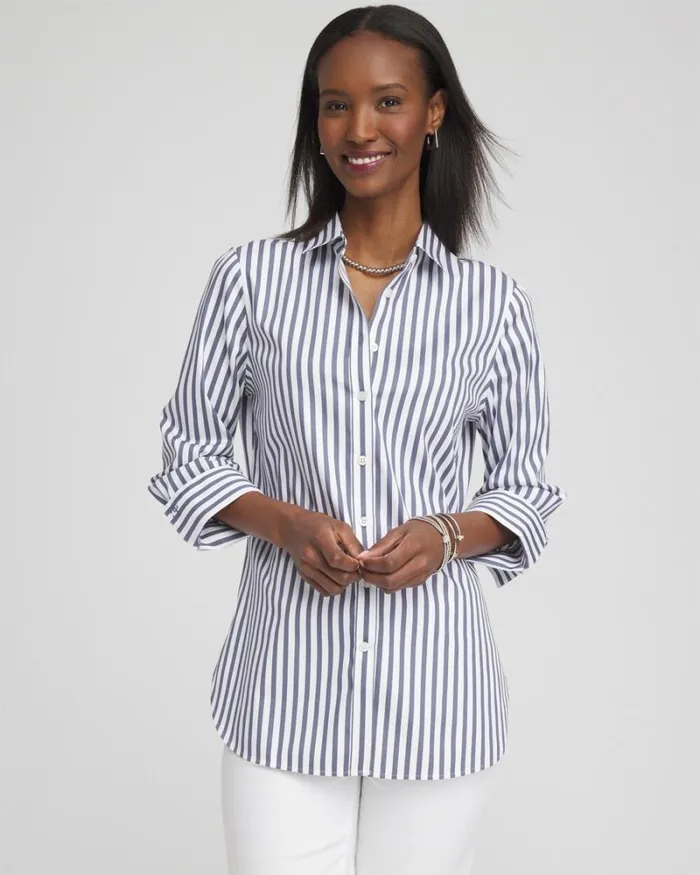 Chico039s Tops No Iron Stretch Stripe Shirt Soft Slate 8211 Clothing