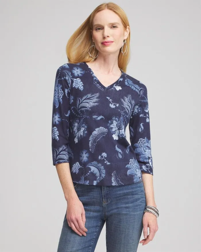 Chico039s Tops Paisley Everyday 34 Sleeve Tee Blue 8211 Clothing