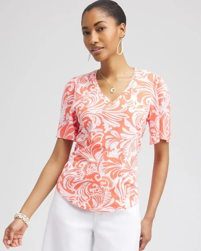 Chico039s Tops Paisley Gauze Flutter Sleeve Top Nectarine 8211 Clothing
