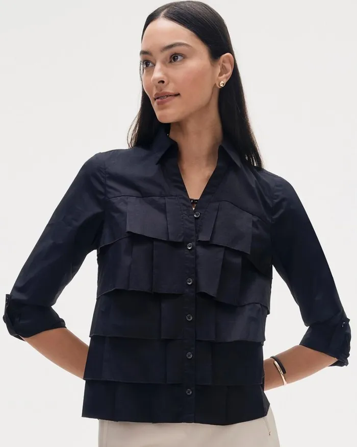 Chico039s Tops Poplin Ruffle Shirt Black 8211 Clothing