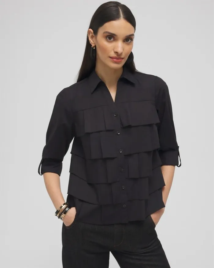 Chico039s Tops Poplin Ruffle Shirt Black 8211 Clothing