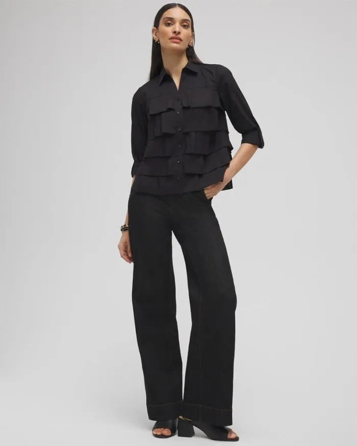 Chico039s Tops Poplin Ruffle Shirt Black 8211 Clothing