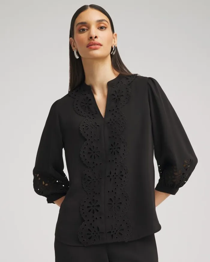 Chico039s Tops Satin Eyelet Top Black 8211 Clothing