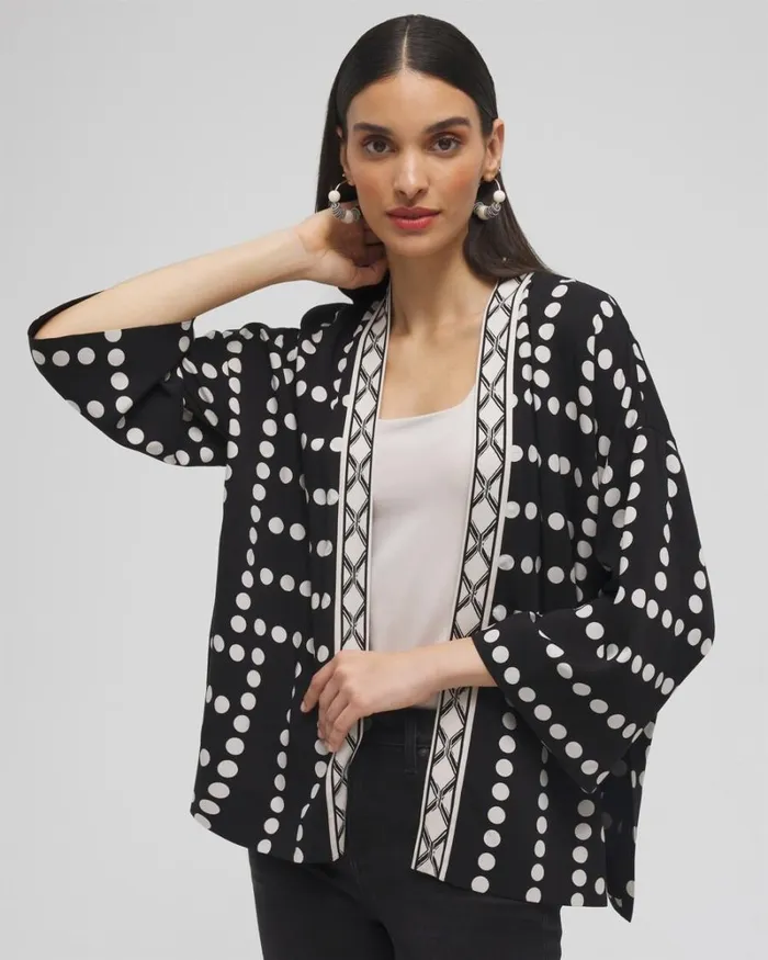 Chico039s Tops Silk Blend Mixed Print Kimono Black 8211 Clothing