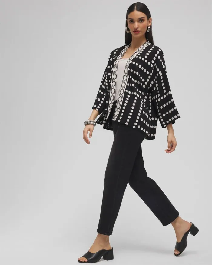Chico039s Tops Silk Blend Mixed Print Kimono Black 8211 Clothing