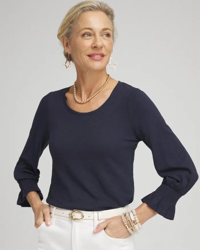 Chico039s Tops Smocked 34 Sleeve Tee Classic Navy 8211 Clothing