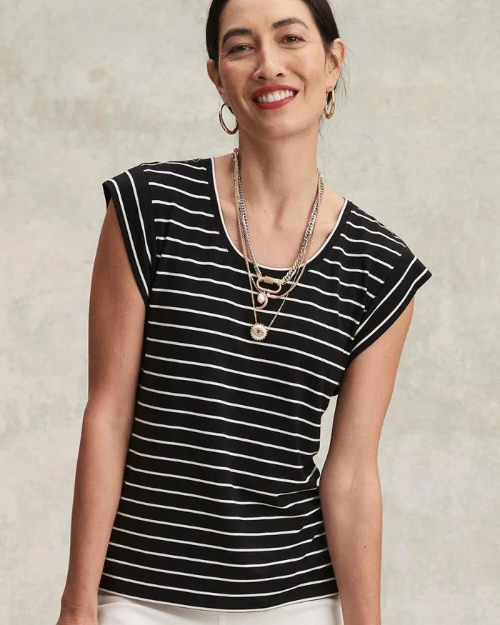 Chico039s Tops Stripe Cap Sleeve Tee Black 8211 Clothing