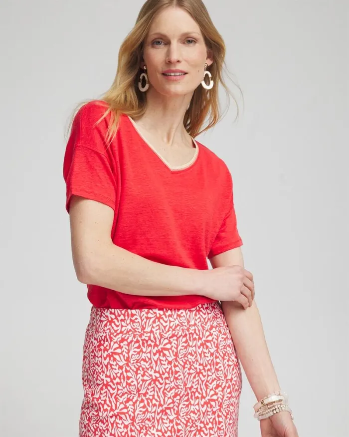 Chico039s Tops Sweater Trim Linen Tee Watermelon Punch 8211 Clothing