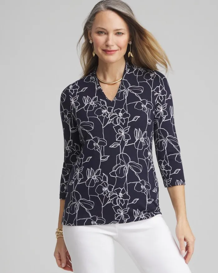 Chico039s Tops Touch Of Cool Floral 34 Sleeve Tee Classic Navy 8211 Clothing