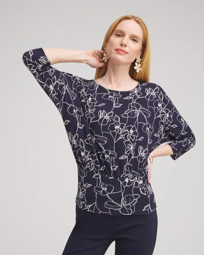 Chico039s Tops Touch Of Cool Floral Banded Hem Top Classic Navy 8211 Clothing