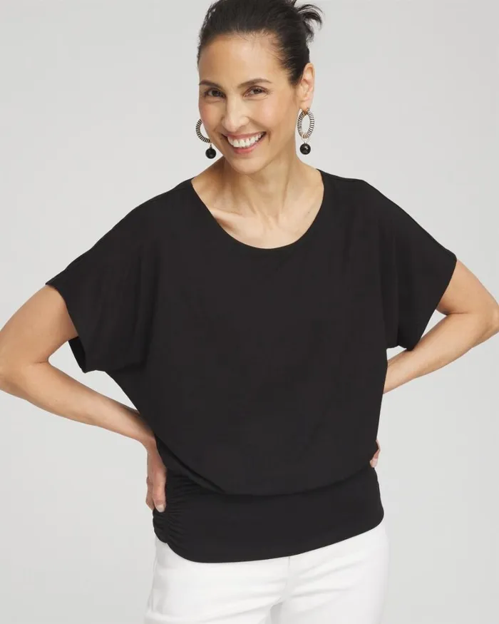 Chico039s Tops Touch Of Cool Ruched Banded Hem Top Black 8211 Clothing