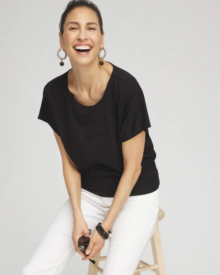 Chico039s Tops Touch Of Cool Ruched Banded Hem Top Black 8211 Clothing