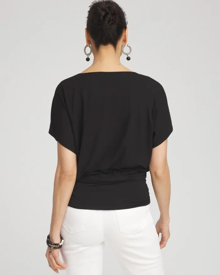 Chico039s Tops Touch Of Cool Ruched Banded Hem Top Black 8211 Clothing