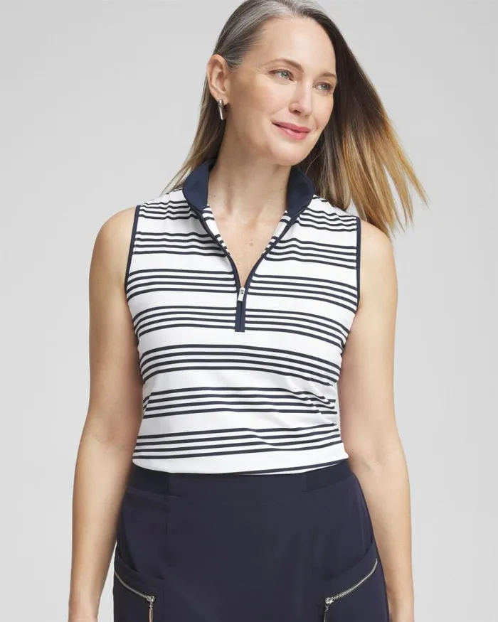 Chico039s Tops Zenergy UPF Knit Stripe Polo Tank Classic Navy 8211 Clothing