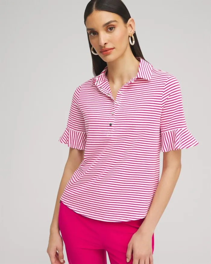Chico039s Tops Zenergy UPF Knit Stripe Ruffle Polo Magenta Rose 8211 Clothing