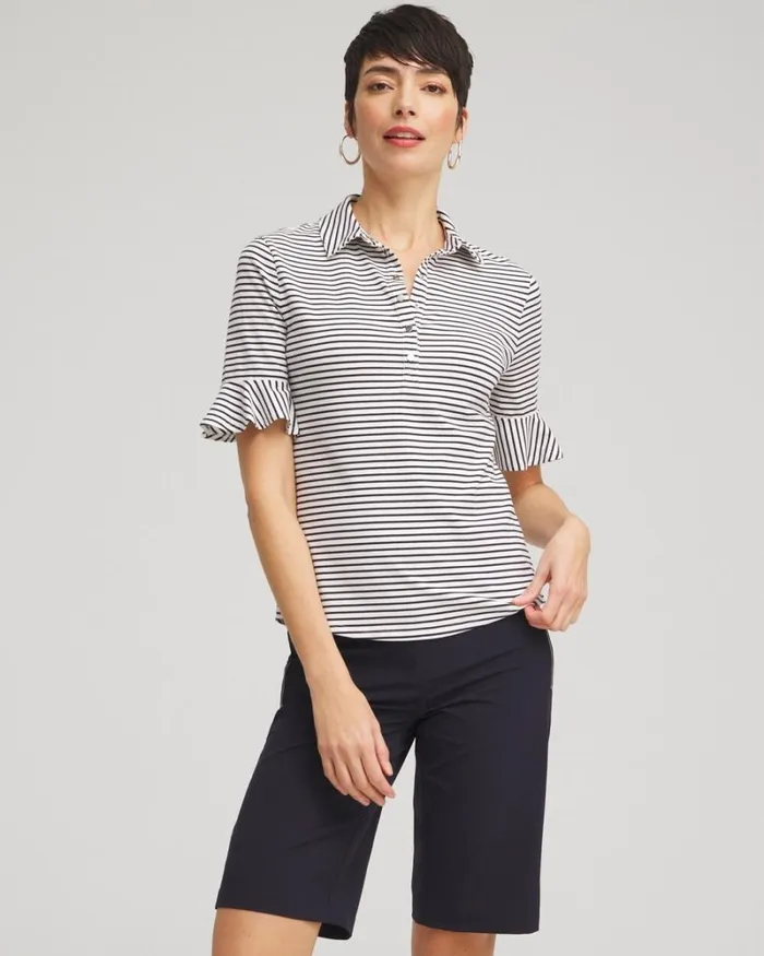 Chico039s Tops Zenergy UPF Knit Stripe Ruffle Polo Magenta Rose 8211 Clothing Chico039s Tops Zenergy UPF Knit Stripe Ruffle Polo Magenta Rose 8211 Clothing