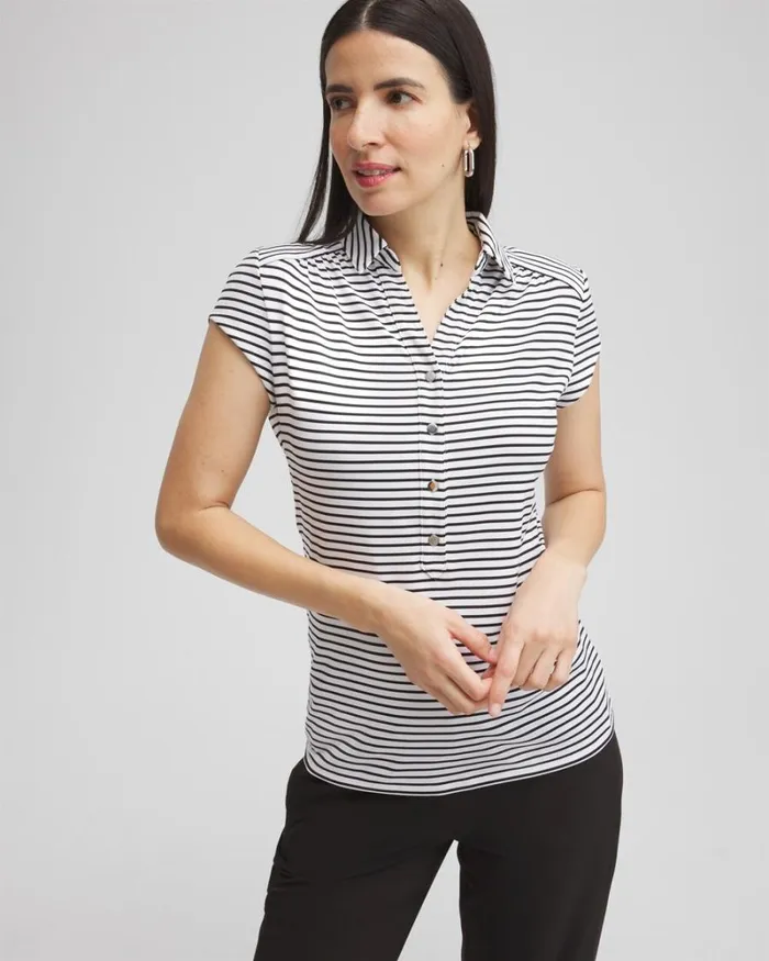 Chico039s Tops Zenergy UPF Stripe Cap Sleeve Polo Black 8211 Clothing