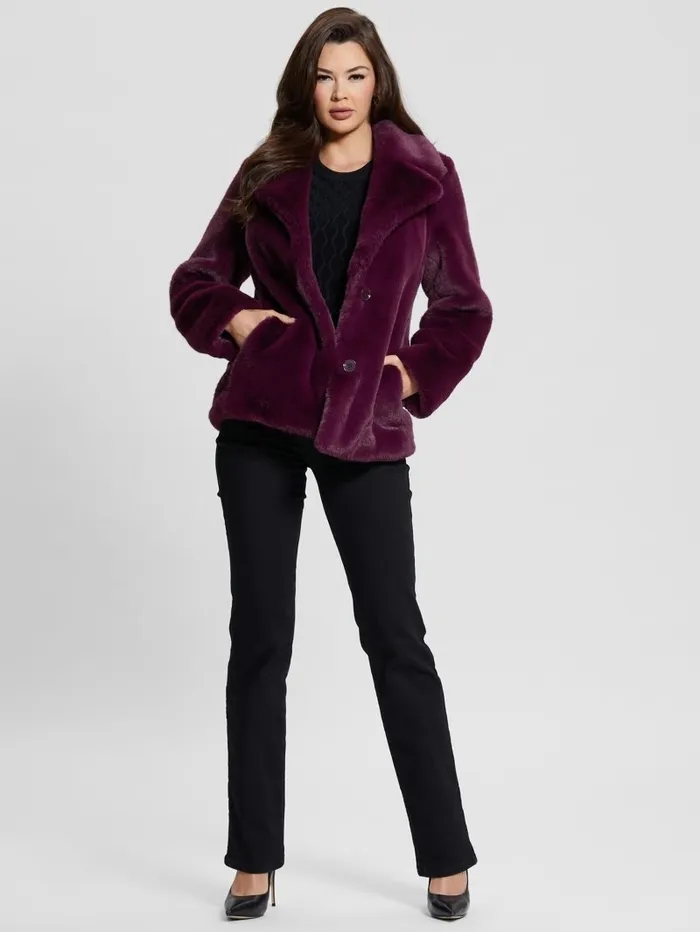 Corinne FauxFur Coat Black Cherry Jackets and Coats GUESS Women