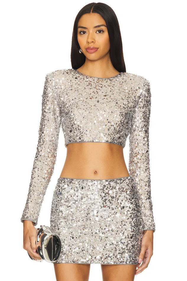 Crystal Sequin Cropped Top Disco Silver Women Lovers and Friends Tops