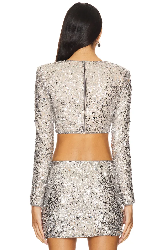 Crystal Sequin Cropped Top Disco Silver Women Lovers and Friends Tops Crystal Sequin Cropped Top Disco Silver Women Lovers and Friends Tops