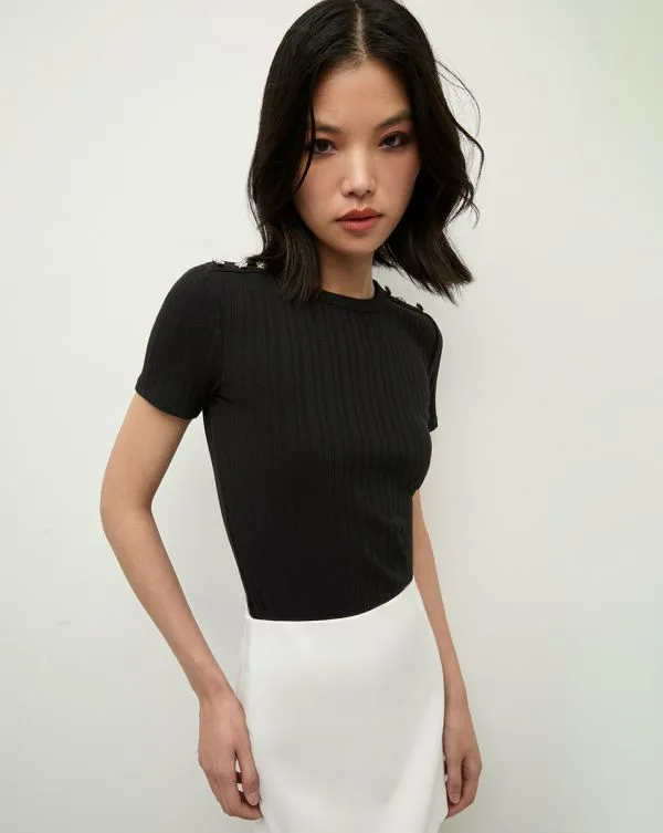 Draya RhinestoneButton Tee Black Women Veronica Beard Tops