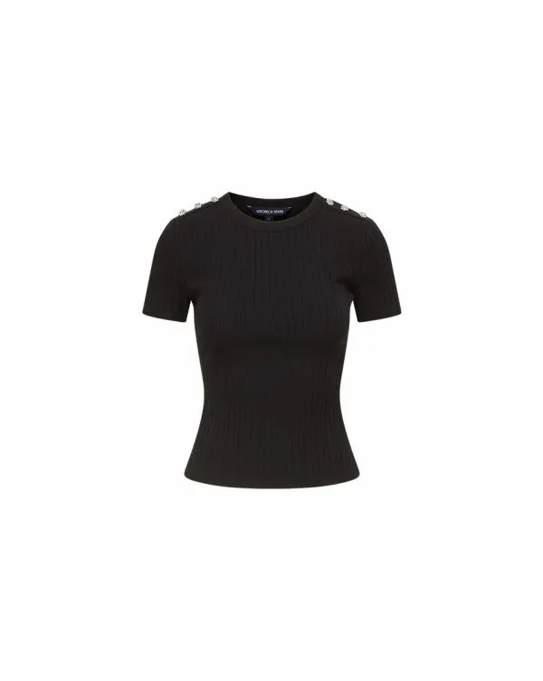 Draya RhinestoneButton Tee Black Women Veronica Beard Tops Draya RhinestoneButton Tee Black Women Veronica Beard Tops