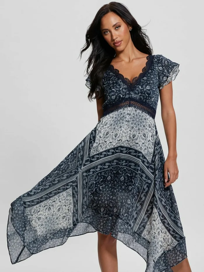 Dresses and Jumpsuits GUESS Women Eco Tania Chiffon Midi Dress Sashiko Bandana Print