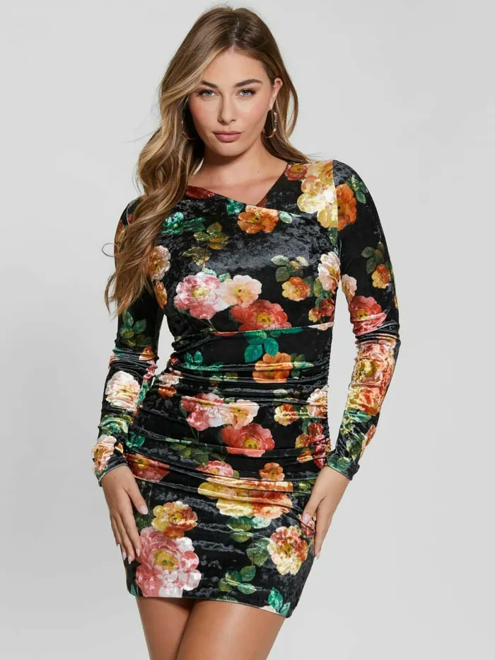 Dresses and Jumpsuits GUESS Women Eco Tess Velvet Dress Peony Charm Print Black Dresses and Jumpsuits GUESS Women Eco Tess Velvet Dress Peony Charm Print Black